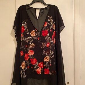 Torrid Black and Red Flutter Sleeve Graphic Loose Blouse size 5X